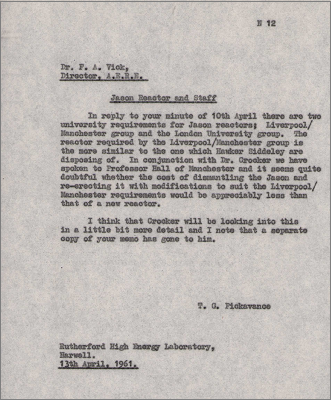 Memo to FA Vick concerning university requirements for Jason reactors (13 April 1961)