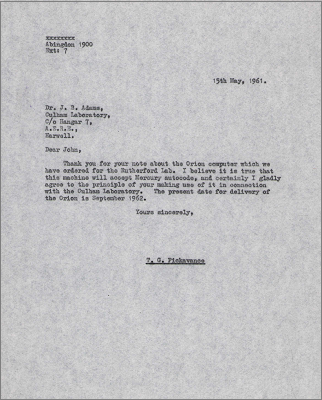 Letter to JB Adams c/o H7, Harwell concerning his use of the Orion computer and confirming it does accept Mercury Autocode (15 May 1961)