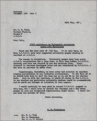 Letter to EB Paul, H8 concerning NIRNS assistance to university scientists using AERE facilities (25 May 1961)