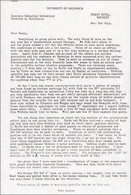Two informal letters from Bill Walkinshaw currently at Berkeley with news and technical thoughts plus reply (8, 14 July and 4 August 1961)