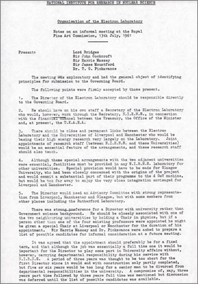 Notes from an informal meeting on 13th July between Bridges, Cockcroft, Massey, Mountford and Pickavance concerning the organisation of the Electron Laboratory (13 July 1961)
