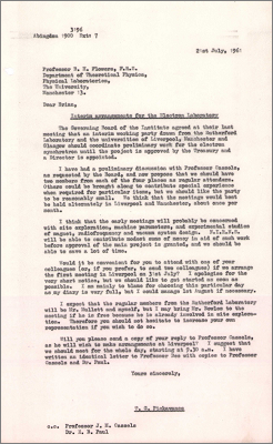 Letter to Prof Brian Flowers, Physical Laboratories, Manchester concerning interim arrangements for the Electron Laboratory (21 July 1961)