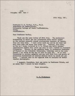 Letter to Prof DM MacKay, Keele concerning mechanical kicksorters invented by Otto Frisch (27 July 1961)