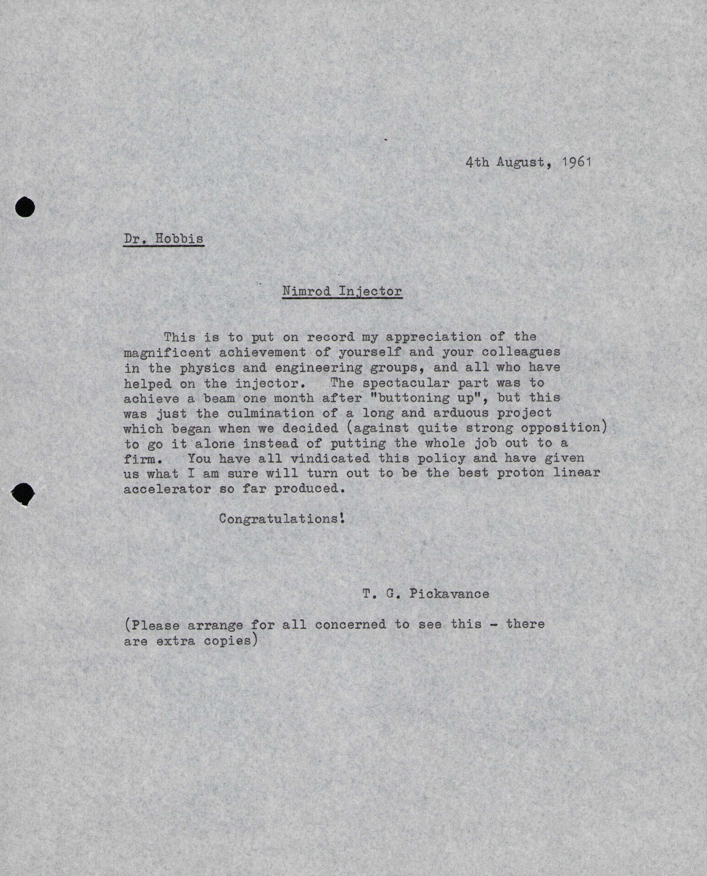 Memo to Leo Hobbis and the Nimrod Injector team congratulating them on their work on the injector (4 August 1961)