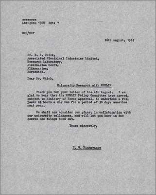 Letter to DR Chick, Associated Electrical Industries Ltd, Aldermaston concerning the running of MERLIN (16 August 1961)