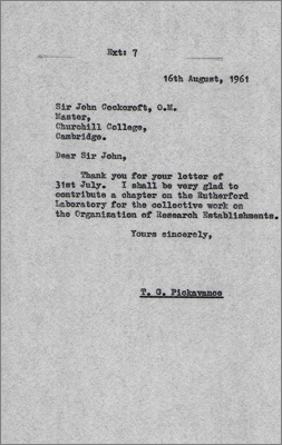 Note to Sir John Cockcroft concerning a chapter on the Laboratory for the book The Organization of Research Establishments (16 August 1961)