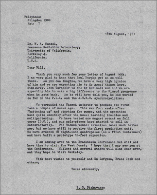 Letter to WA Wenzel, Berkeley concerning Nimrod injector progress (18 August 1961)