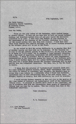 Letter to Sir Keith Murray, University Grants Committee concerning the appoinment of a Director of the Electron Laboratory and salary issues for staff (20 September 1961)
