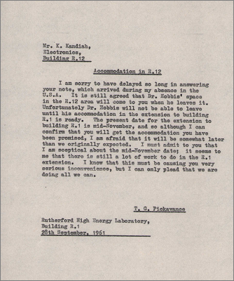 Memo to K Kandiah, Electronics concerning the delay in R12 lab space for him (28 September 1961)