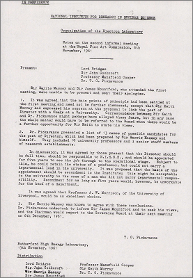 Notes from an informal meeting on 6 November between Bridges, Cockcroft, Mansfield Cooper and Pickavance on the organisation and Director of the Electron Laboratory (13 November 1961)