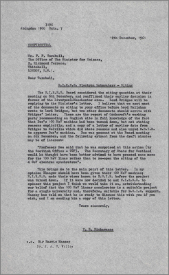 Letter to FF Turnbull, Office of the Minister for Science concerning the selection of site for the Electron Laboratory (12 December 1961)
