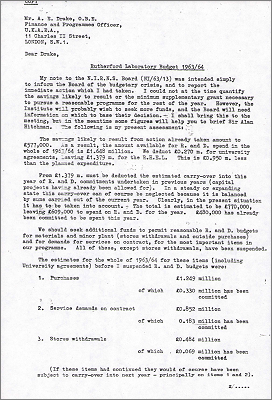 Letter to AE Drake, Finance and Programmes Officer, UKAEA concerning costs and Rutherford Laboratory Budget 1963/64 (undated but presumably 1962)
