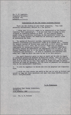 Letter to CB AMphlett, Chemistry Division, Harwell concerning the organisation and funding of the Low Energy Cyclotron Project (31 January 1962)