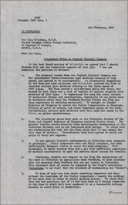 Letter to Sir Alan Hitchman, UKAEA concerning issues with the inspection of alternator poles at English Electric Company (5 February 1962)