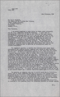 Letter to PF Turnbull, Atomic Energy Division, Office of the Minister for Science concerning university use of the Atlas Computer (13 February 1962)