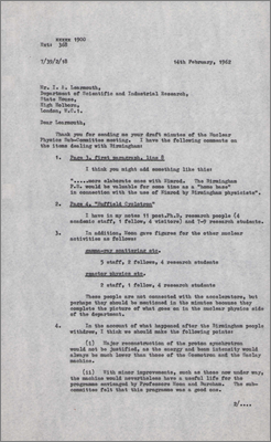 Letter to IA Learmouth, DSIR concerning draft minutes of the Nuclear Physics Sub-Committee meeting (14 February 1962)