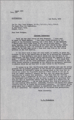 Letter to Lord Bridges concerning political, funding and siting issues of the Electron Laboratory (1 March 1962)
