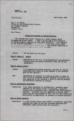 Letter to JF Hosie, Office of the Minister for Science concerning funding issues in the review of research in nuclear physics (13 March 1962)