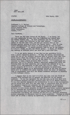 Letter to Prof CC Butler, Imperial College concerning staffing and bubble chamber film analysis machines (14 March 1962)