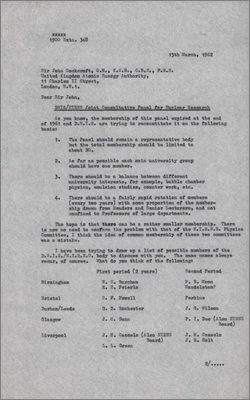 Letter to Sir John Cockcroft, UKAEA concerning membership of the DSIR/NIRNS Joint Consultative Panel for Nuclear Research (15 March 1962)