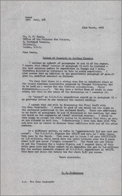 Letter to JF Hosie, Office of the Minister for Science concerning funding issues across CERN, NIRNS and Glasgow for the review of research in nuclear physics (23 March 1962)