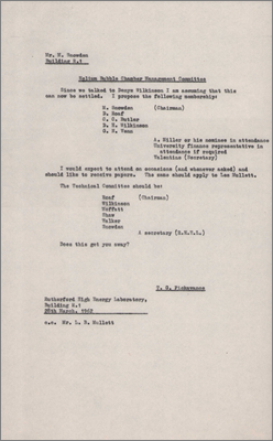 Letter to M Snowden, RHEL concerning the Helium Bubble Chamber Management Committee (28 March 1962)