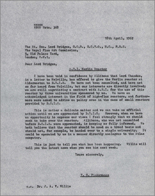 Letter to Lord Bridges concerning the possible transfer of the AEI Merlin Reactor to NIRNS (18 April 1962)