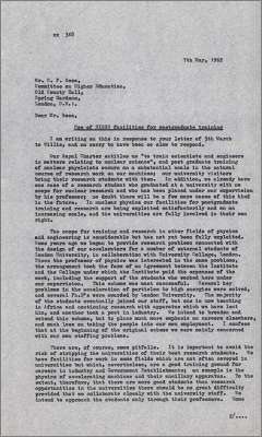 Letter to SP Ross, Committee on Higher Education, London concerning training and use of NIRNS facilities for postgraduates (7 May 1962)