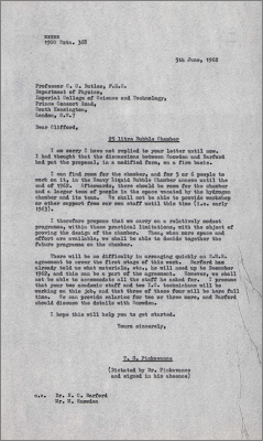 Letter to Prof Bulter, Imperial College concerning the 25 litre Bubble Chamber (5 June 1962)