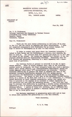 Letter from MAR Kemp, Brookhaven concerning his work on the cosmotron (21 June 1962)