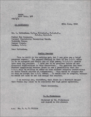 Letter to L Rotherham, CEGB concerning the Merlin and Herald reactors (29 June 1962)