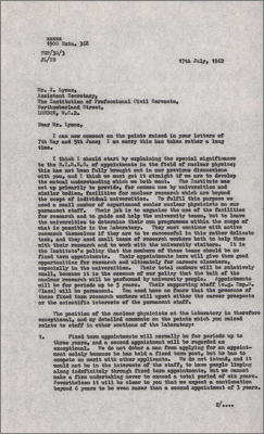 Letter to J Lyons, Institute of Professional Civil Servants explaining NIRNS appointments and interaction with universities (17 July 1962)