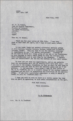 Letter to F El Badewi/Bedewi, Cairo concerning a possible emulsion group for Nimrod (23 July 1962)