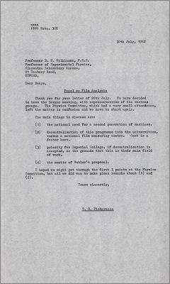 Letter to Denys Wilkinson, Clarendon Laboratory concerning the panel on film analysis (30 July 1962)