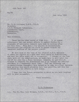 Letter to TE Allibone, AEI Research Laboratory, Aldermaston concerning the unsuccesful project to exploit the Merlin reactor (31 July 1962)