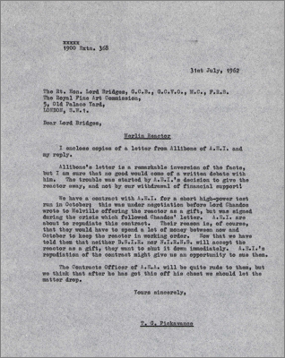 Letter to Lord Bridges concerning issues with AEI and the Merlin reactor (31 July 1962)