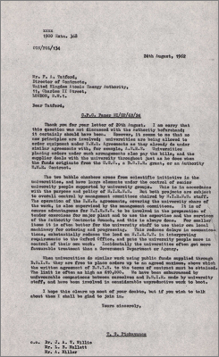 Letter to FA Tatford, Director of Contracts, UKAEA concerning arrangements for universities to order equipment (24 August 1962)