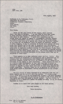 Letter to Denys Wilkinson currently at Brookhaven Laboratory concerning machines for film analysis (27 August 1962)