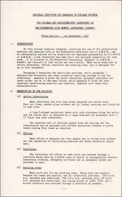 Brochure(?) article describing the Nuclear and Radiochemistry Laboratory at RHEL including capabilities and equipment available, plus a list of reactors and accelerators at NIRNS and AERE (1 September 1962)