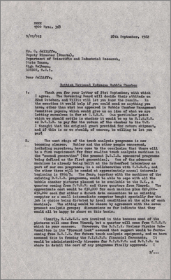 Letter to C Jolliffe, DSIR concerning the return from CERN of the British National Hydrogen Bubble Chamber and progress of the track analysis program (28 September 1962)