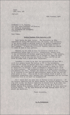 Letter to JM Cassels, Chadwick Laboratory concerning the siting of bubble chamber film analysis machines (15 October 1962)