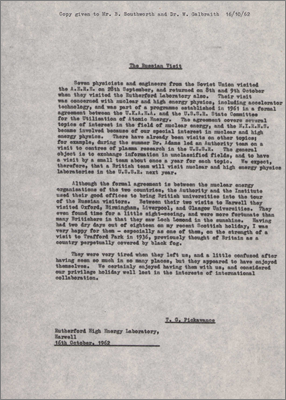 Report following the visit by Soviet Union physicists and engineers to AERE and RHEL on 28 September (16 October 1962)
