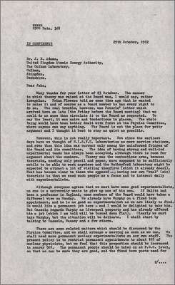 Letter to John Adams, Culham Laboratory concerning issues raised at the Board with theorist/experimentalist staffing (29 October 1962)