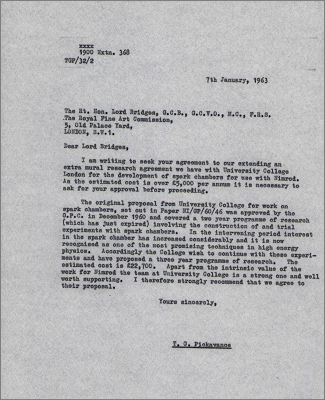 Letter to Lord Bridges concerning the development with University College of Nimrod spark chambers (7 January 1963)