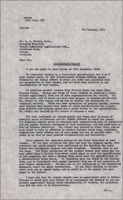 Letter to DE Martin, Vacuum Industrial Applications Ltd concerning a disgruntled supplier and an unfavourable tender result (7 January 1963)
