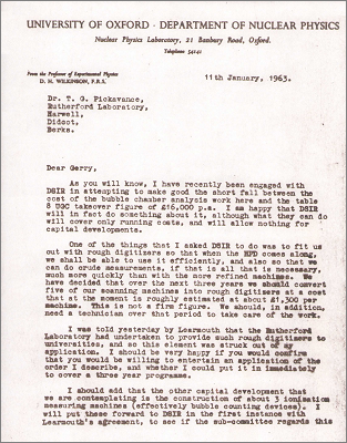Letters from/to Denys Wilkinson concerning rough digitisers and ionisation measuring machines, and a misunderstanding (11 and 15 January 1963)