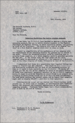 Letter to Sir Patrick Linstead, Imperial College concerning computing facilities (possibily an Elliott 503) for bubble chamber research (16 January 1963)