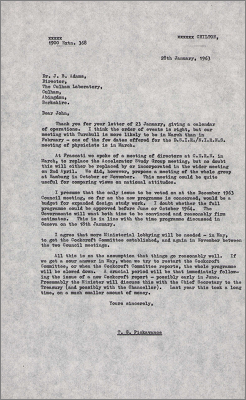 Letter to John Adams, Culham Laboratory concerning meeting schedules including the Cockcroft Committee (28 January 1963)