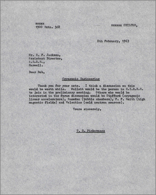 Letter to RF Jackson, Harwell concerning a cryogenics engineering forum (8 February 1963)