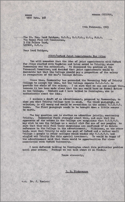 Letter to Lord Bridges concerning a NIRNS/Oxford joint appointment for Atlas (11 February 1963)